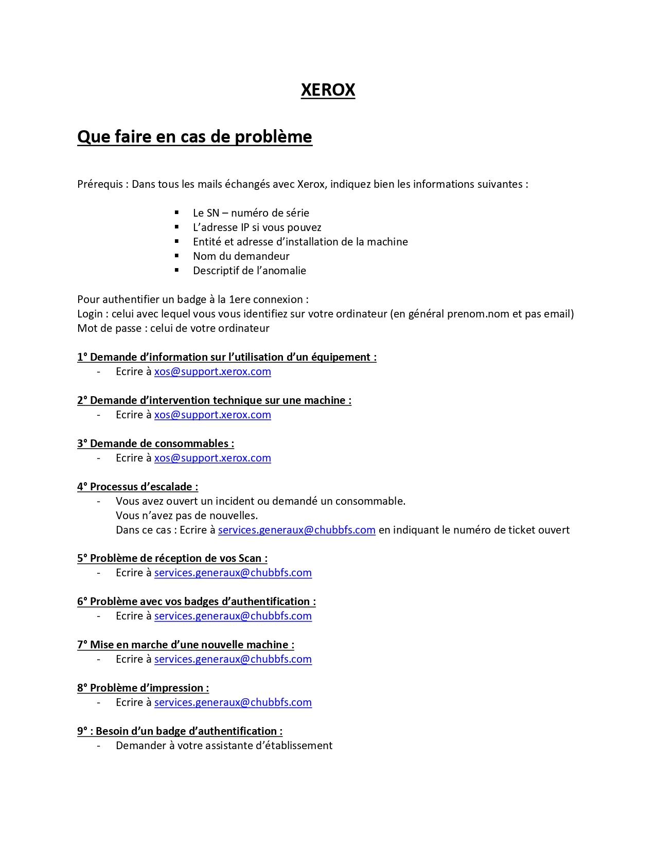 Xerox que faire en cas de probleme page 0001